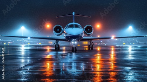 Private jet on wet runway at night.  Illuminated by airport lights during a rainy night