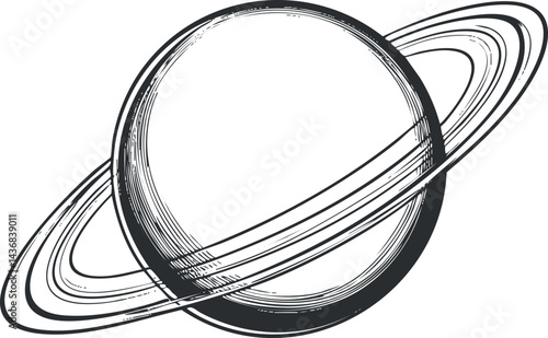 Black and white sketch illustration of a ringed planet resembling Saturn in space with detailed lines.
