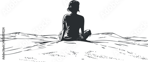 Silhouette of a woman sitting alone on sand dunes in a peaceful desert landscape under clear sky