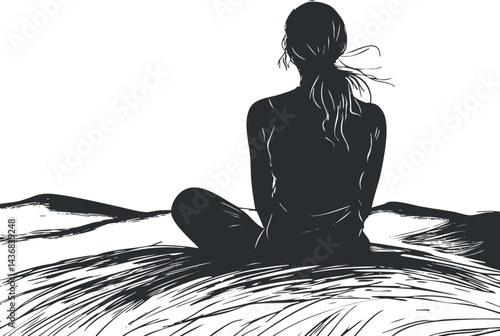 Silhouette of a woman sitting cross-legged on a hill overlooking a peaceful natural landscape, symbolizing relaxation and solitude.