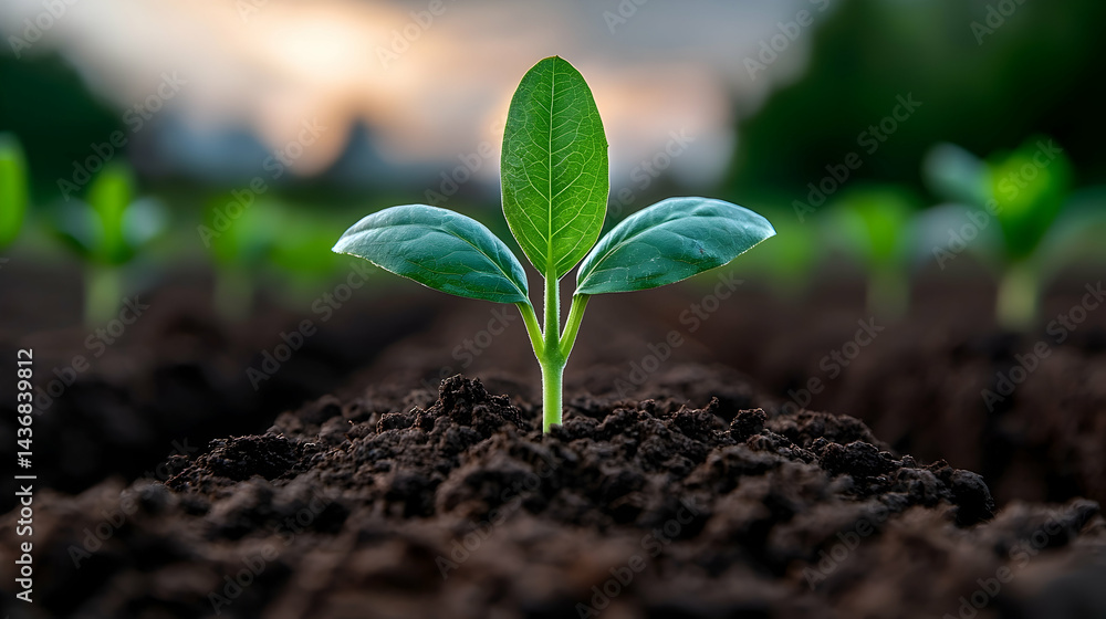 Green Seedling Emerging from Dark Soil at Sunrise Green Seedling Emerging from Dark Soil at Sunrise
