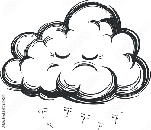 Black and white cartoon illustration of a sad cloud raining drops, symbolizing gloomy weather or mood
