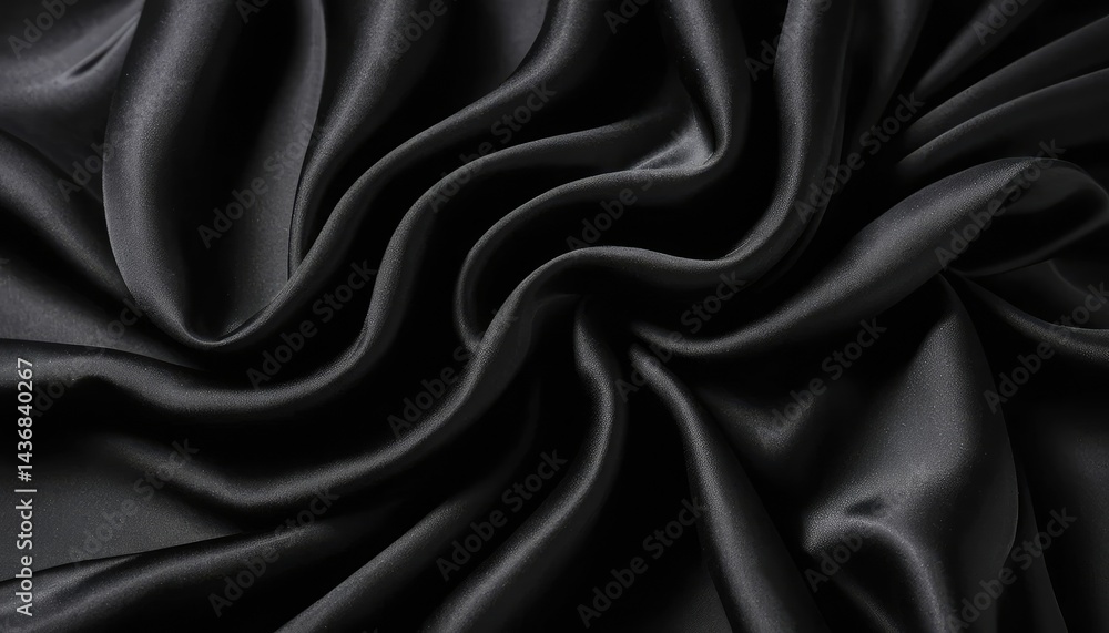 Fototapeta premium Glossy black satin fabric with a smooth, wave-like texture that evokes luxury and elegance.