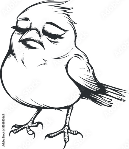Black and white line drawing illustration of a small bird with closed eyes and a calm expression.