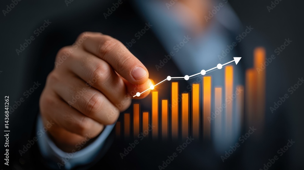 Businessman examines growth plans using digital charts, highlighting key positive indicators for strategic success.