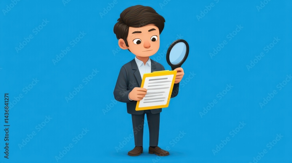 A businessman verifies online document validation for company policies and regulations, ensuring compliance and legal accuracy.