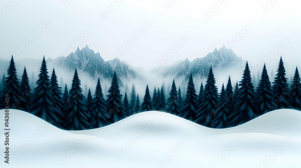Fototapeta premium Frosty Winter Wonderland: Snow Covered Mountains and Forest in Fog