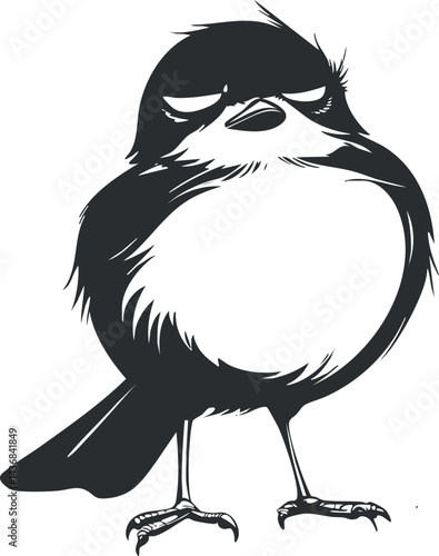 Black and white cartoon illustration of a small bird with a grumpy expression, standing with wings folded.