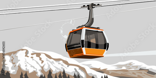 Vector illustration of a cable car gondola, orange and white, representing mountain transport against snowy peaks with copy space