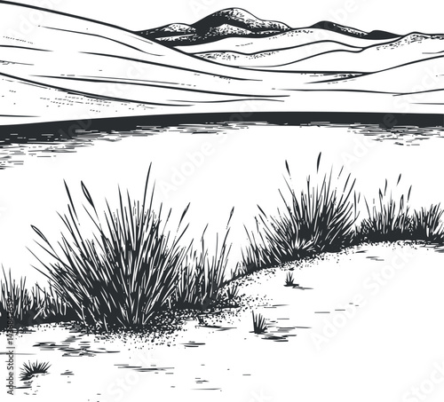 Black and white sketch of a peaceful lake surrounded by grassy shore and distant rolling hills and mountains