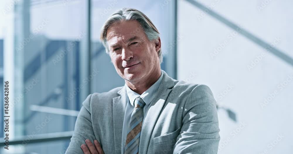 Face, businessman and satisfied at office with arms crossed for career growth, job opportunity and property developer. Mature person, employee and happiness or smile for investment in real estate Face, businessman and satisfied at office with arms crossed for career growth, job opportunity and property developer. Mature person, employee and happiness or smile for investment in real estate