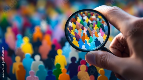 A diverse range of silhouettes gathered together under a magnifying glass symbolize the importance of team unity achieved through diversity, equity, and inclusion in DEI hiring practices to foster