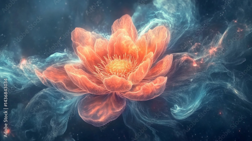 Glowing Orange Lotus Flower in a Blue Nebula Glowing Orange Lotus Flower in a Blue Nebula