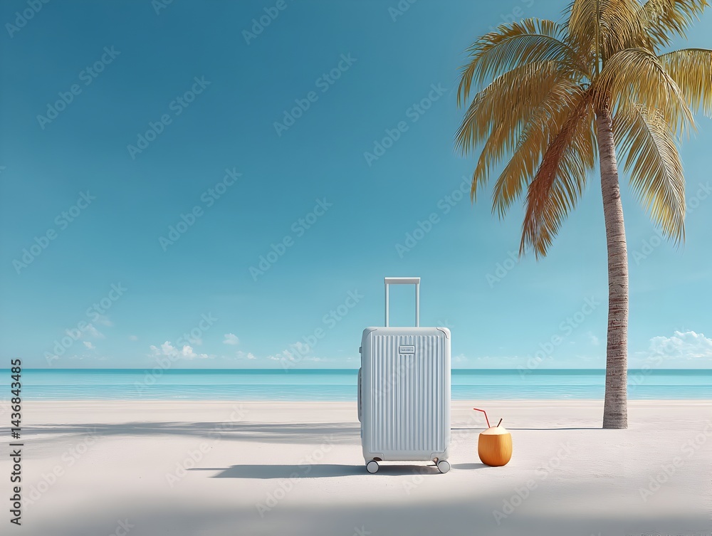 Obraz premium A light blue suitcase sits on a pristine beach next to a palm tree and a refreshing coconut drink under a bright summer sky.
