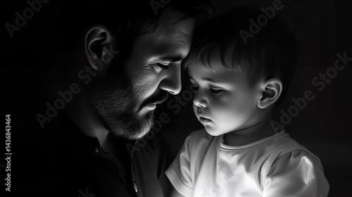 Emotional black and white portrait of a father and his young son gazing into each other's eyes