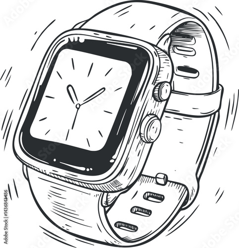 Black and white illustration of a smartwatch with a strap showing an analog clock face on its screen