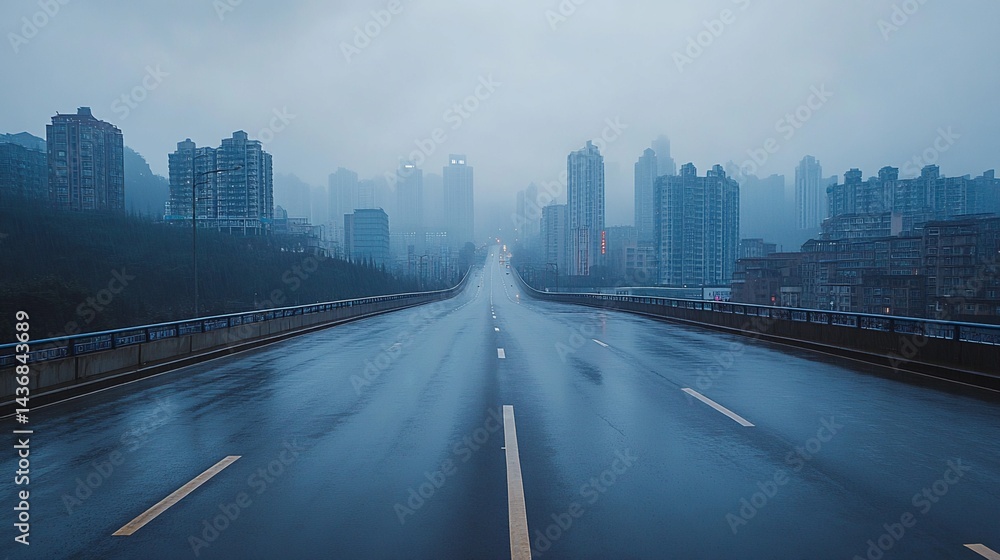 Obraz premium Elevated Road and City Skyline in Fog