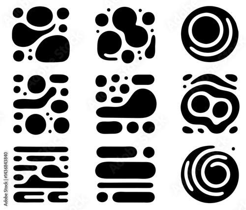A series of black and white circles and squares with a variety of shapes and sizes. The circles and squares are all different sizes and shapes, and they are all black