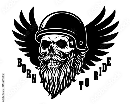 A skull with a helmet and mustache on it with the words Born to Ride written below it. The image has a cool and edgy vibe, with the skull and helmet giving it a tough and rebellious look