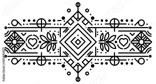 A black and white drawing of a patterned border with a pair of hearts. The border is made up of many different shapes and lines, and the heart is surrounded by leaves