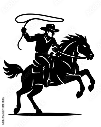 A cowboy is riding a horse and holding a lasso. The image has a strong, adventurous mood
