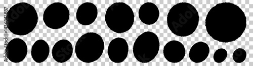 A series of black circles on a white background. The circles are all different sizes and are arranged in a row