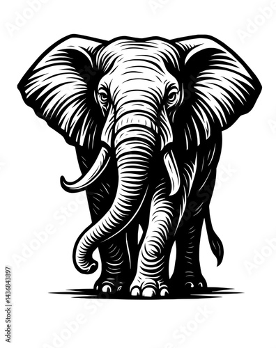 A black and white drawing of an elephant with its trunk up. The elephant is standing on a white background