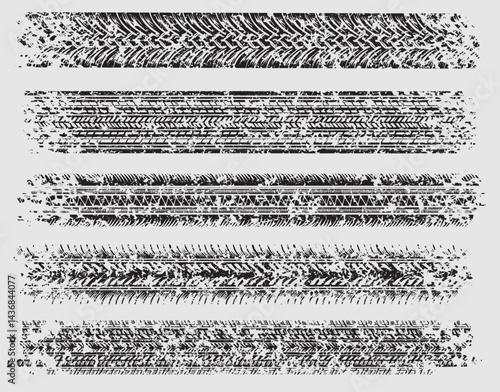 A collection of five distinct grunge tire track patterns in vector format, each showcasing unique tread designs. Ideal for automotive projects, backgrounds, or decorative graphic elements.