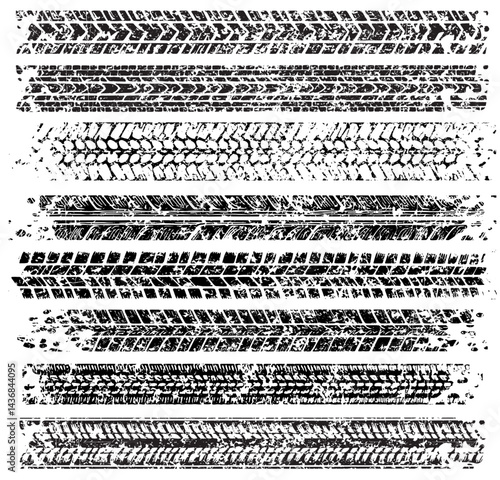 A high-contrast black and white illustration of a tire tread pattern. The intricate design showcases various textures and shapes, emphasizing the complexity of tire engineering. 