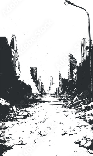 Black and white image of a post-apocalyptic city street covered in rubble and destroyed buildings