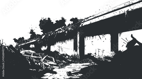 Black and white illustration of a destroyed urban area featuring a broken bridge and scattered wreckage in a post-apocalyptic setting.