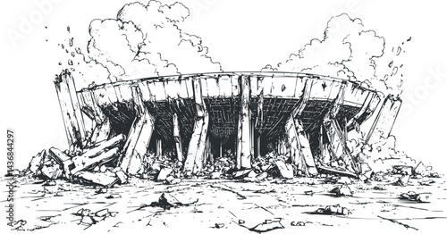 Black and white illustration of a large circular building collapsed into ruins with debris scattered around