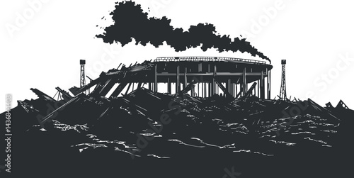 Black and white illustration of a destroyed stadium emitting smoke surrounded by wreckage and ruins