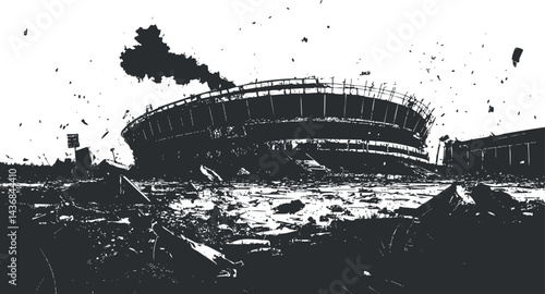 Black and white image of a destroyed stadium surrounded by debris and ruins after a disaster