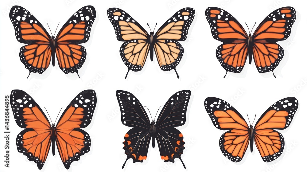 Six colorful butterflies isolated on white background, nature illustration for design Six colorful butterflies isolated on white background, nature illustration for design