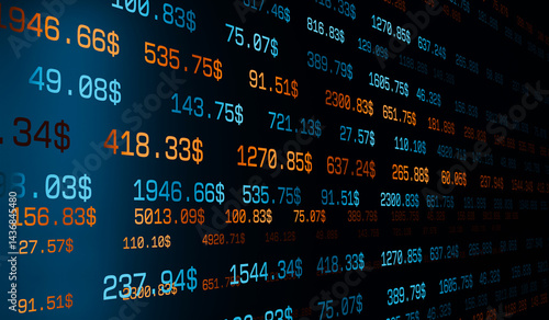 Abstract data, financial figures, prices, stock market data.