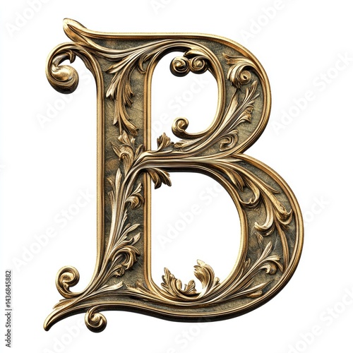 Ornate capital letter B in gold-toned, decorative style. Detailed, embossed design with floral, scrollwork patterns