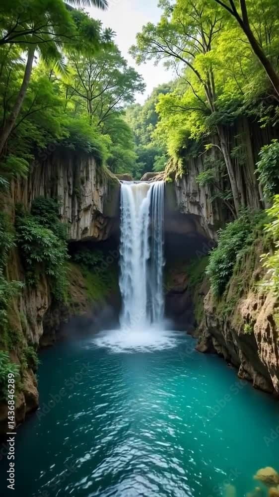 Drone View of Tropical Waterfall Surrounded by Jungle Drone View of Tropical Waterfall Surrounded by Jungle