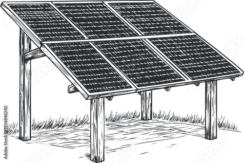 Black and white illustration of a solar panel array mounted on wooden posts for renewable energy