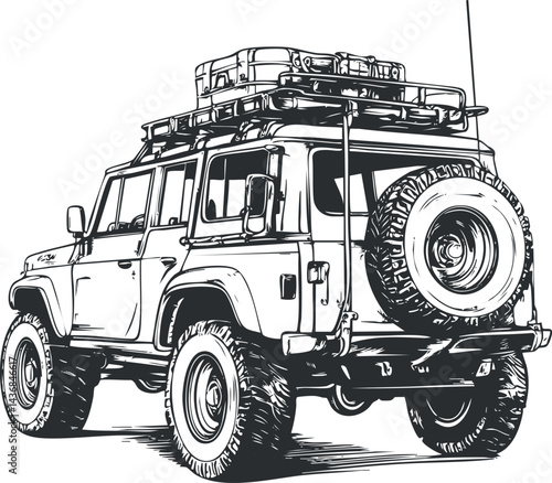Black and white sketch of an offroad SUV with luggage on roof rack and spare tire on back for adventure travel