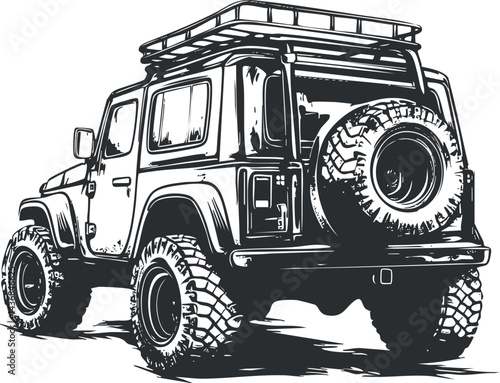 Black and white illustration of an offroad 4x4 jeep with spare tire and roof rack for outdoor adventure