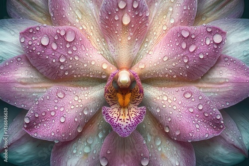 A close-up of a dew-kissed orchid, showcasing its vibrant petals and intricate details.