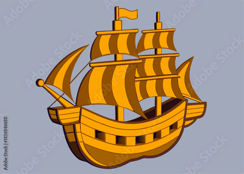 Golden Sailboat: An elegant golden sailboat glides gracefully on calm waters, its sails billowing gently in the breeze. The scene evokes a sense of tranquility, adventure, and exploration.