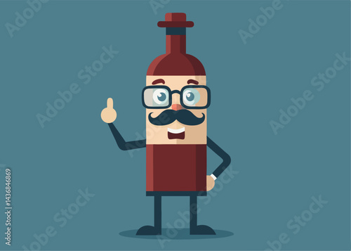 Wine Bottle Character: A cheerful anthropomorphic wine bottle character, wearing a hat and glasses, with a mustache, smiles and points his index finger upwards, suggesting an idea or a toast.  