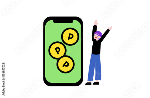 スマホにポイントが貯まって喜ぶ人のイラスト