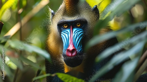 Vibrant mandrill with striking blue and red facial markings sitting in the shade of a thick jungle expressive golden eyes ultra HD wildlife shot