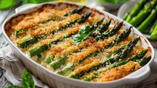 Baked asparagus gratin with a crispy breadcrumb topping, served in a white ceramic baking dish