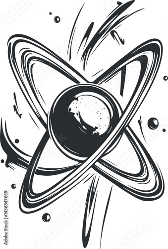 Black and white stylized illustration of an atom with nucleus and orbiting electrons representing atomic structure and physics concepts