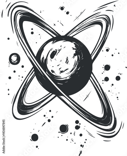 Black and white artistic illustration of a planet with orbiting rings and smaller celestial bodies