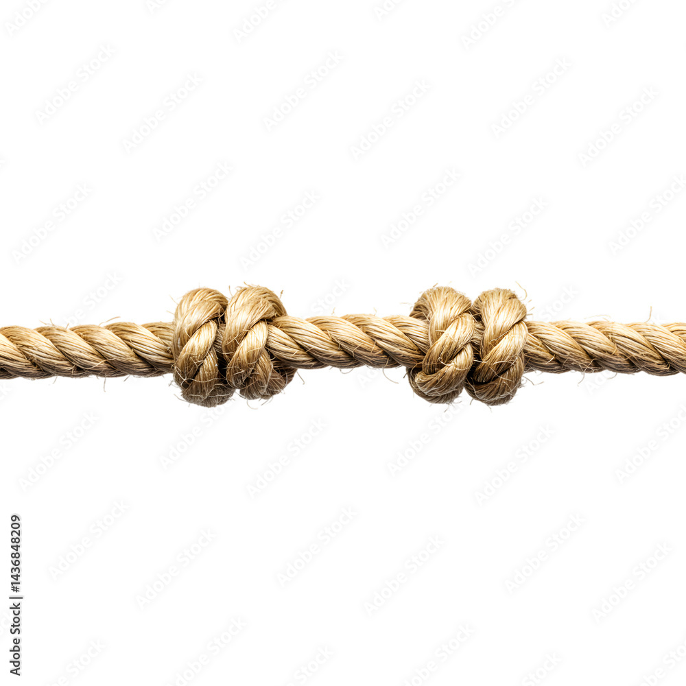 Close up of a thick rope with two knots tied along its length in the center view on transparent background Close up of a thick rope with two knots tied along its length in the center view on transparent background
